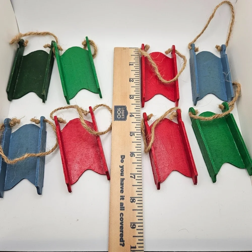 Vintage Hand Painted Wooden Sled Ornaments Lot of‎ 8 – Mini Christmas Sleds
